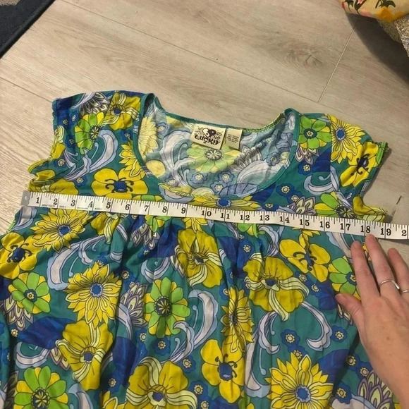 Vintage Y2K Lucky Women's Blue Yellow Floral Boho Cap Sleeves Blouse Size med - Picture 4 of 4